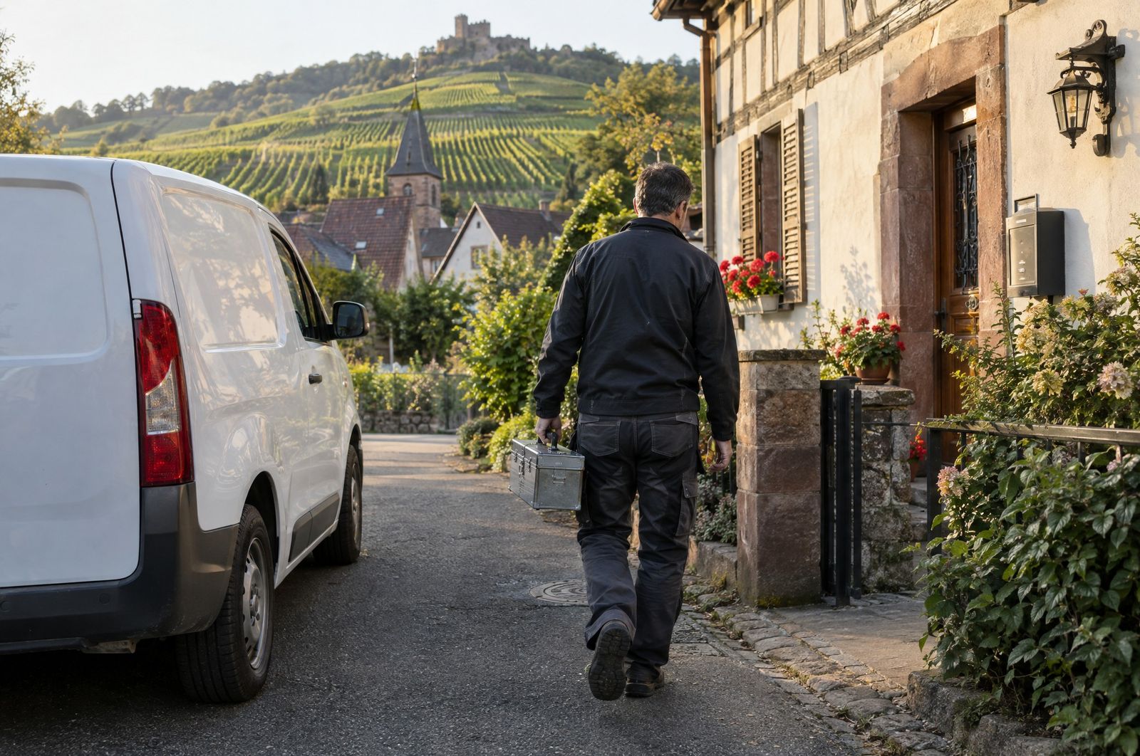 Serrurier vu de dos, sa caisse à outils à la main, marchant vers une maison d’un village viticole