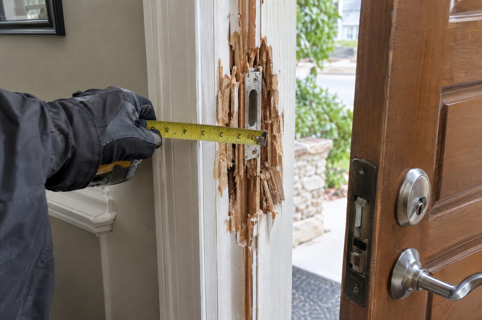 Main gantée mesurant le bois éclaté autour de la gâche d’une porte d’entrée forcée