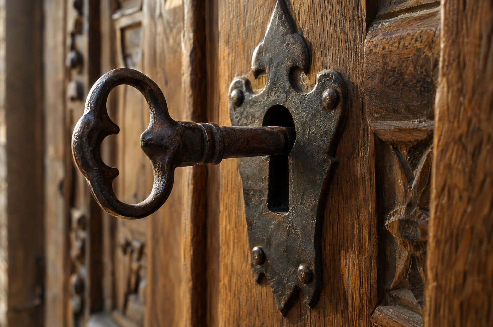 Clé ancienne en fer forgé engagée dans la serrure d’une porte en chêne sculpté