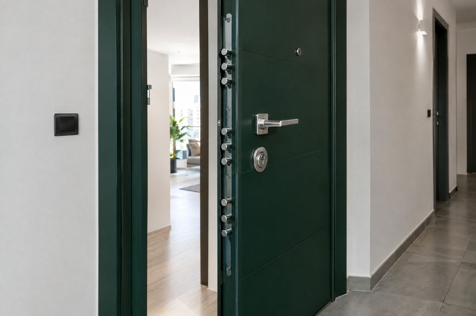 Porte d’entrée blindée vert sapin entrouverte, ses points de fermeture visibles sur la tranche